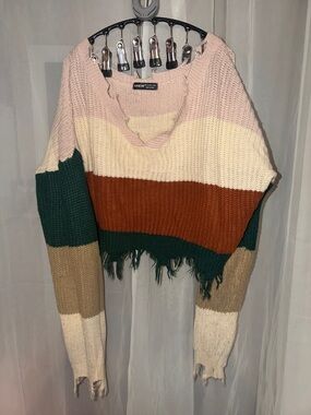 SHEIN Pink Cream Green Brown Colorblock Distressed Cropped Sweater